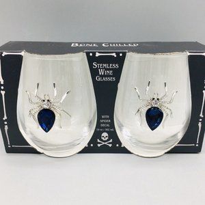 x2 Halloween Rhinestone Silver Spider Blue Jeweled Stemless Wine Glass Set Bling